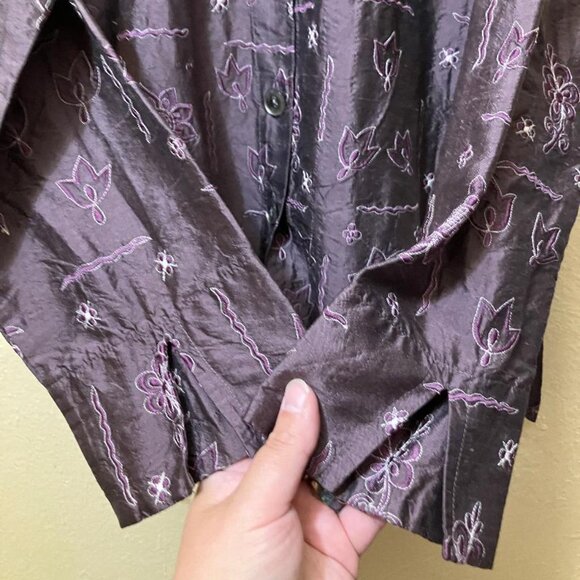 Isabella Bird Purple Floral Embroidered Long Sleeve Button Up Silk Shirt Medium - Picture 4 of 6